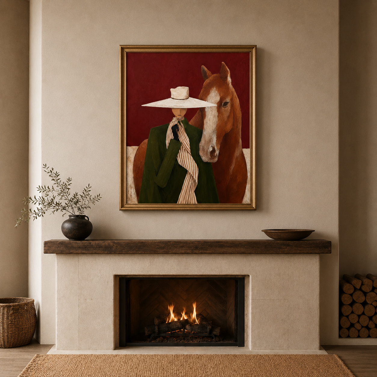 Modern Figurative Oil Painting Of Lady In Hat And Horse Unique Wall Art For Entryway And Hallway