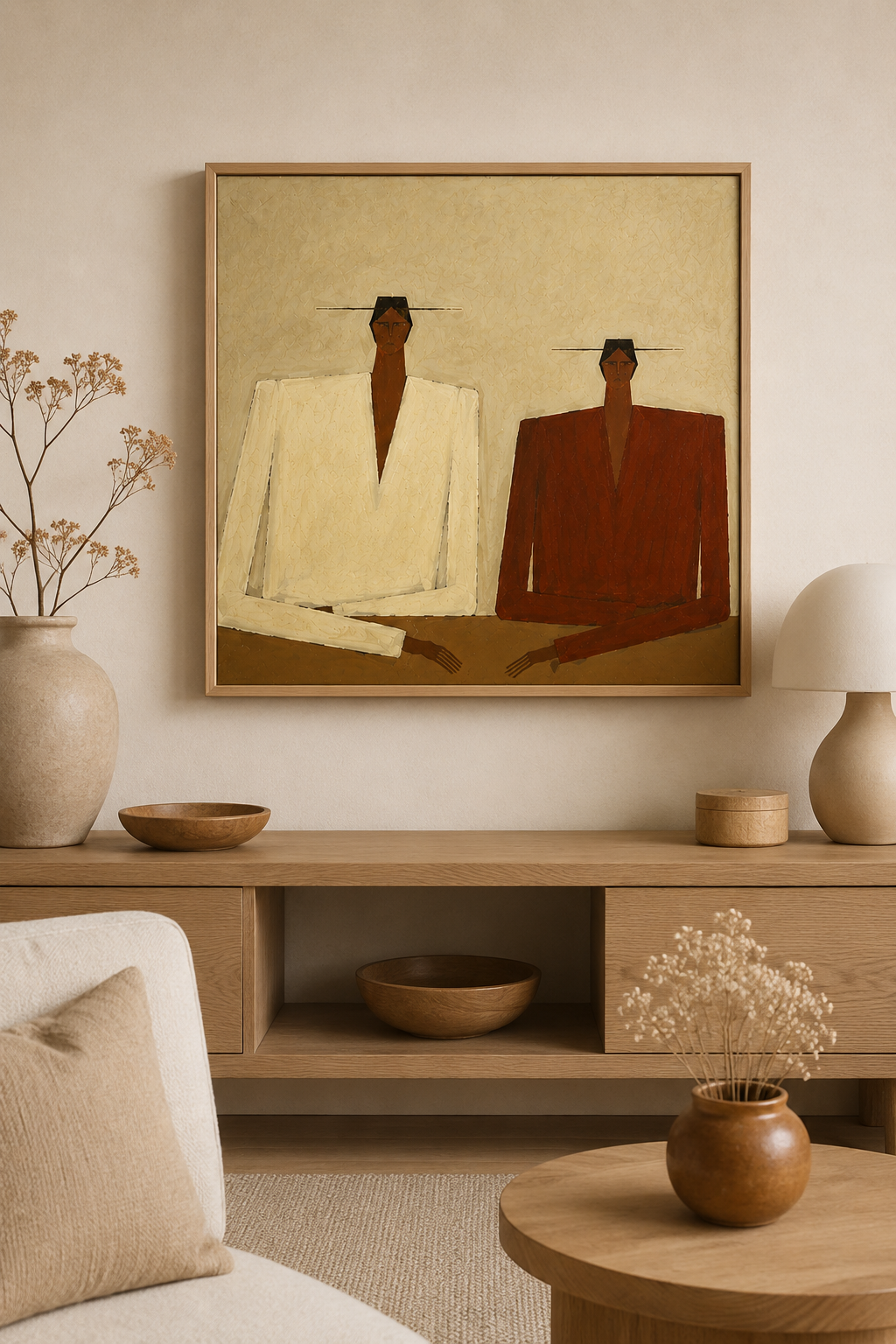 Original Hand-Painted Textured Portrait - Modern Abstract Duo for Wabi-Sabi Decor