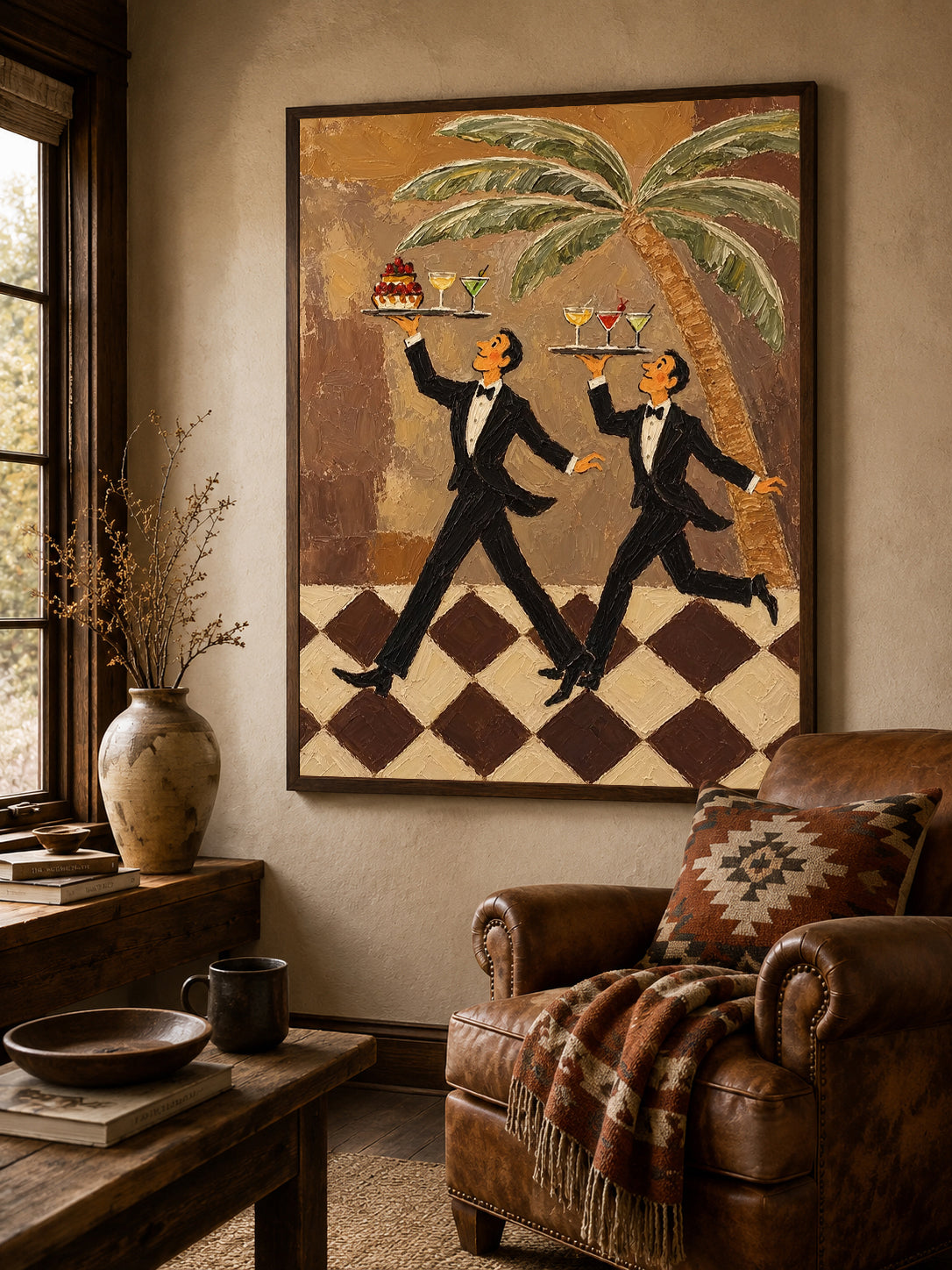 Tuxedo Waiter Canvas Art,Retro Bar Painting, Brown Checkered Floor Artwork