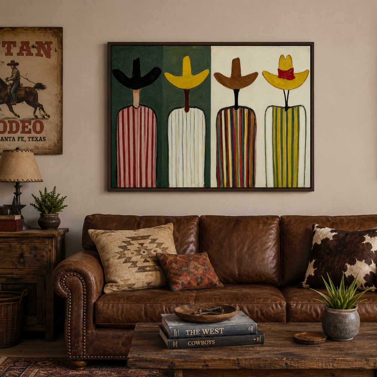 Retro Folk Art Painting Abstract Figures In Striped Hats For Modern Home Decor