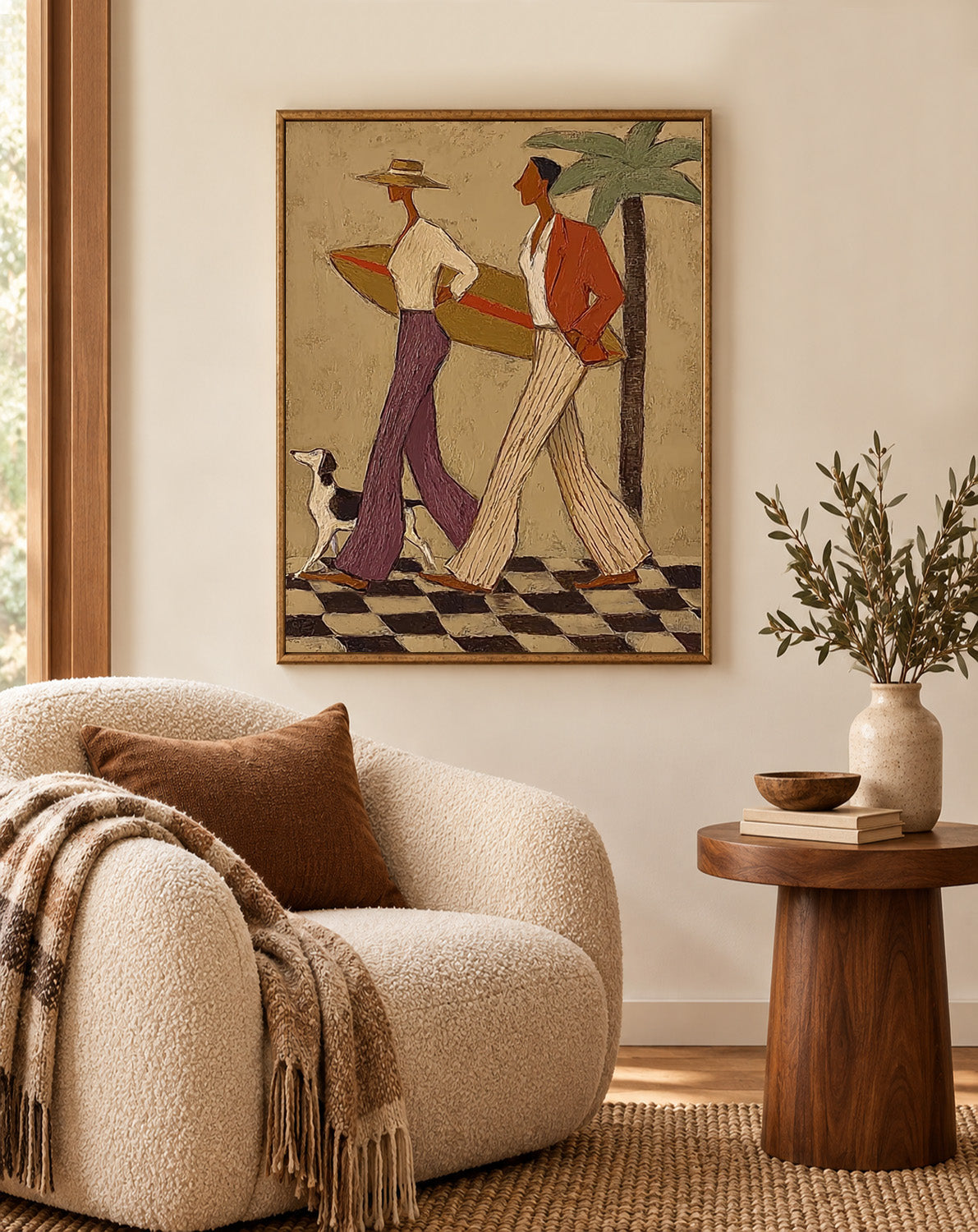 Retro Coastal Couple With Surfboard Canvas Art, Checkered Floor Palm Tree Wall Decor, Vintage Surfing Dog Painting