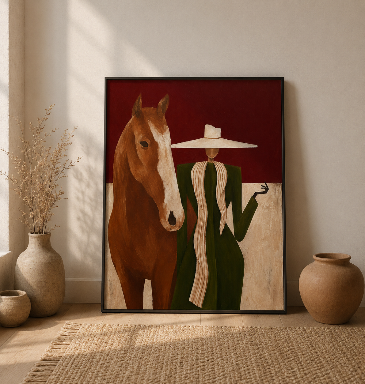 Lady In Wide Brim Hat With Horse Original Oil Painting Abstract Animal Decor