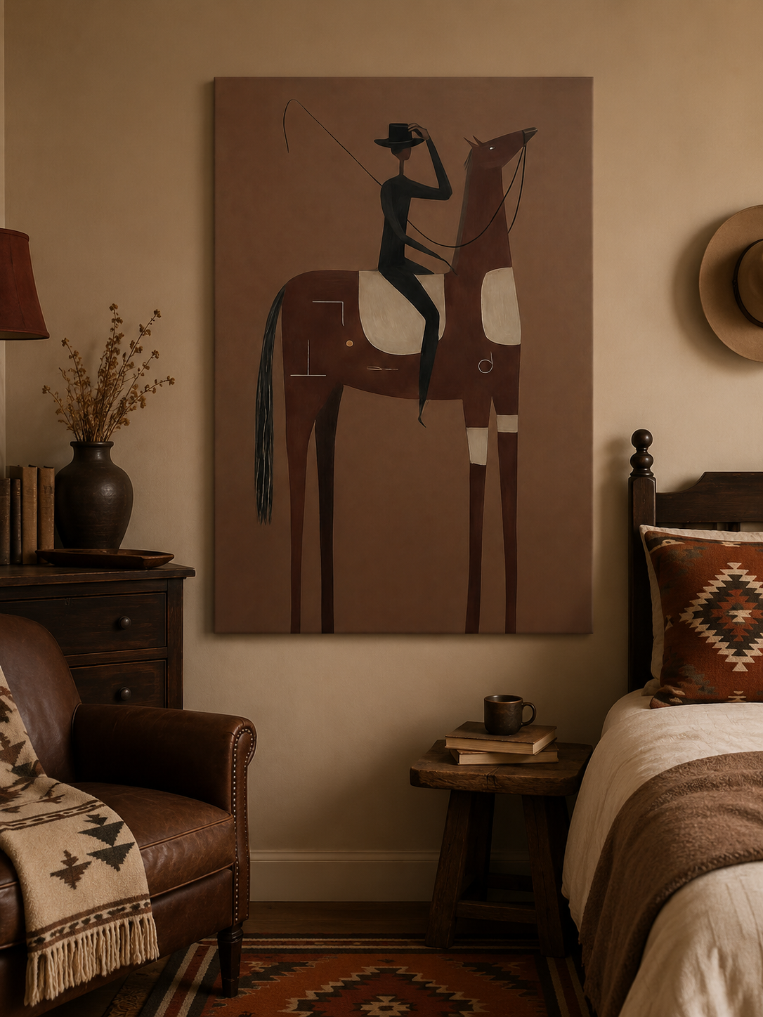 Minimalist Brown Horse Painting With Rider For Living Room Decor