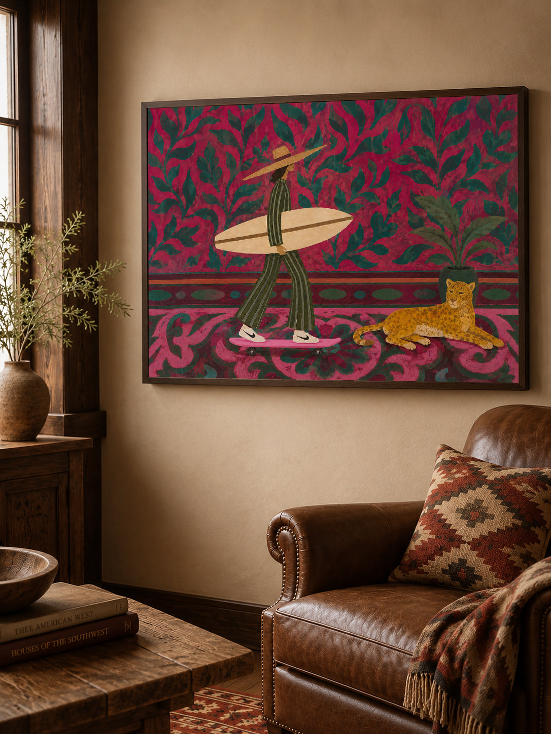 Tropical Folk Surf Woman With Cheetah Pink Floral Background Original Oil Painting For Living Room Decor