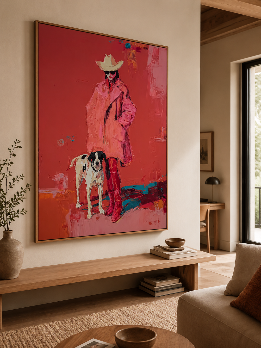 Bold Pop Art Canvas Featuring Stylish Woman With Spotted Dog In Vibrant Red Colors