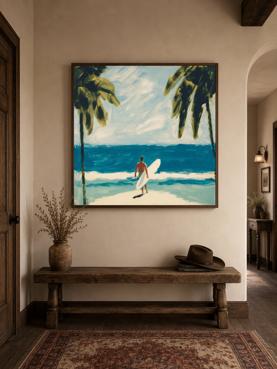 Surfer And Palm Trees Beach Canvas Painting Blue Ocean Wall Art