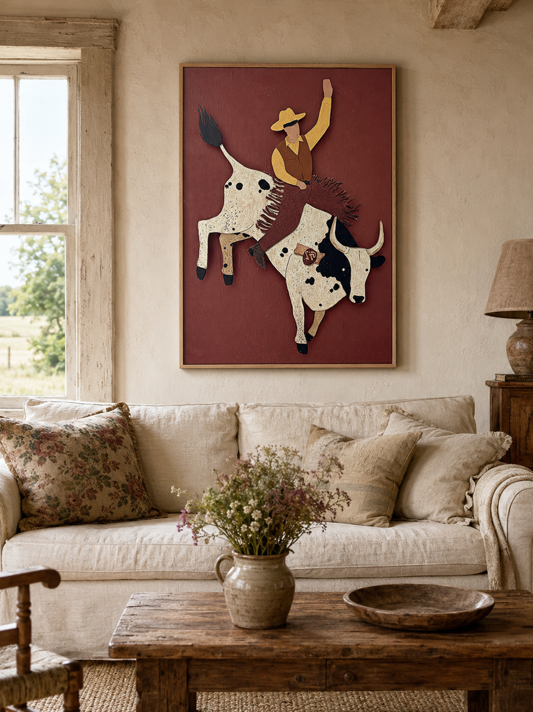 Bold Rodeo Bull Rider Abstract Art For Man Cave Office Wall Decor In Earth Tones