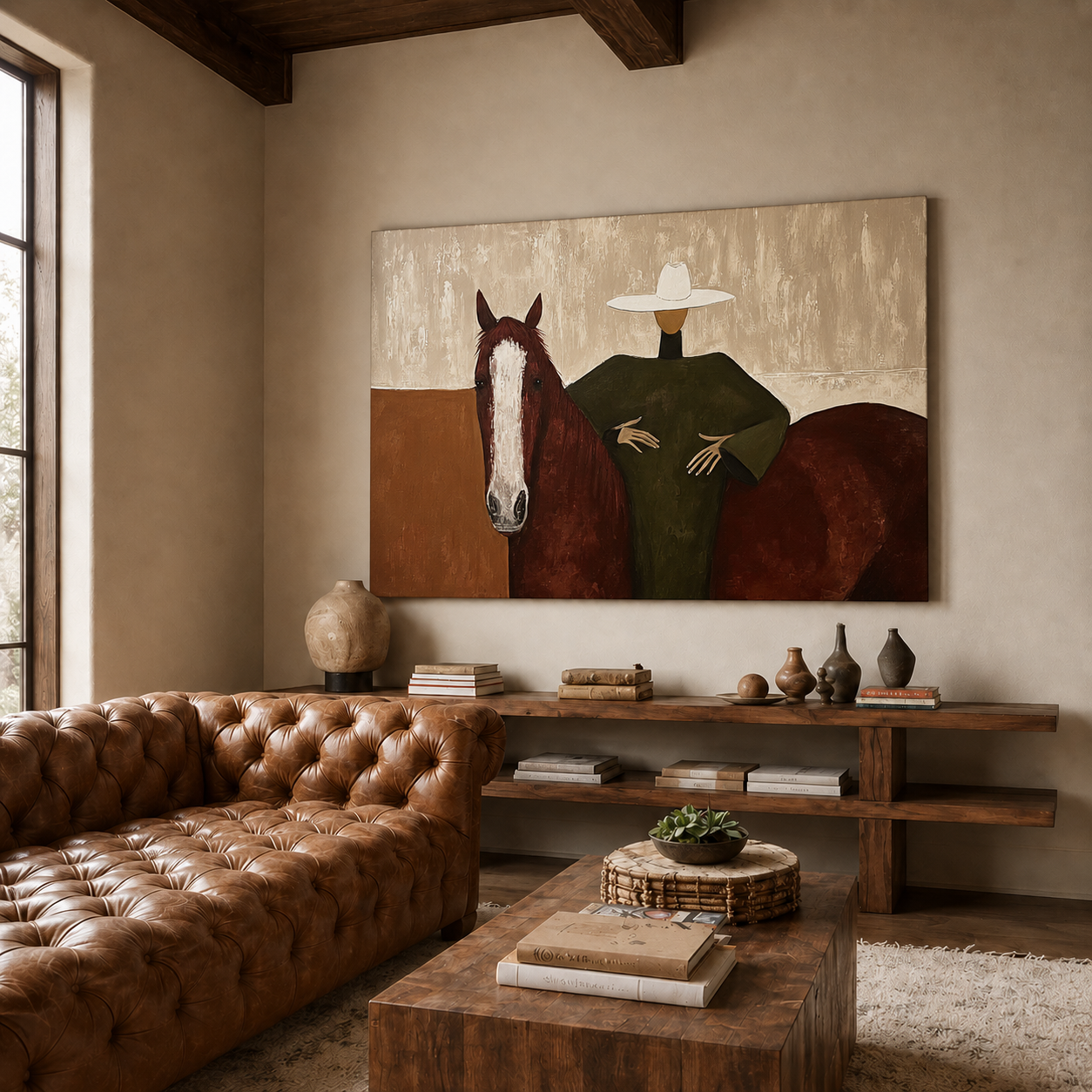 Mid Century Modern Horse Painting With Woman In Hat Square Canvas Art
