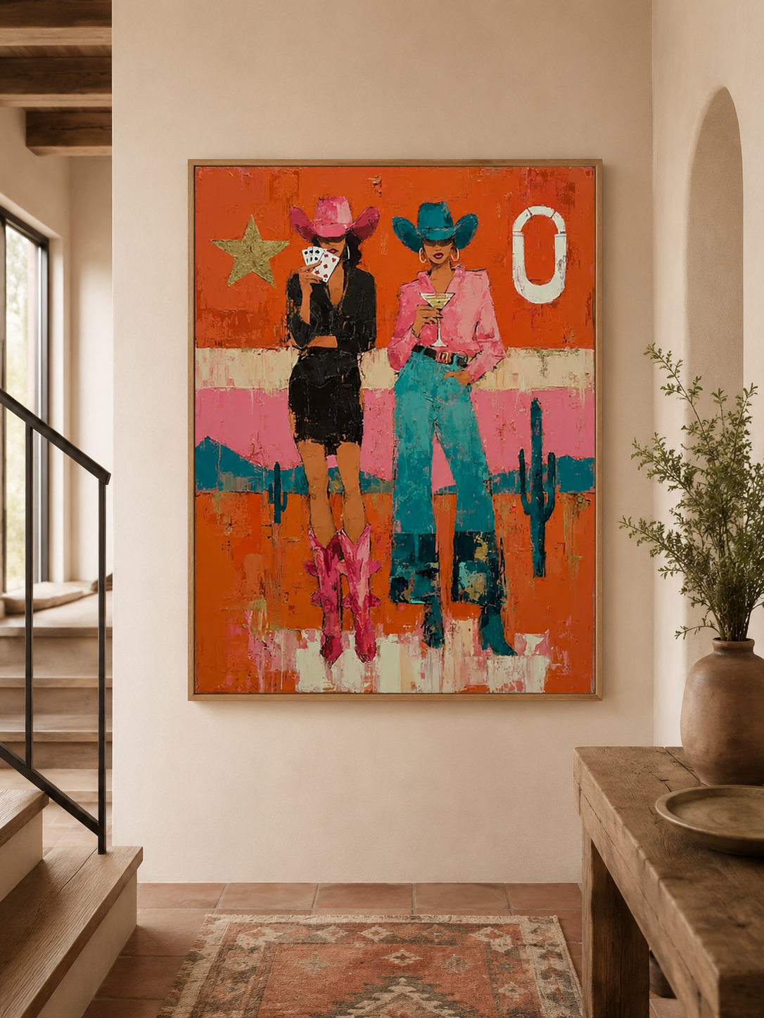Vibrant Pop Art Painting Of Two Women In Cowboy Hats Unique Wall Decor