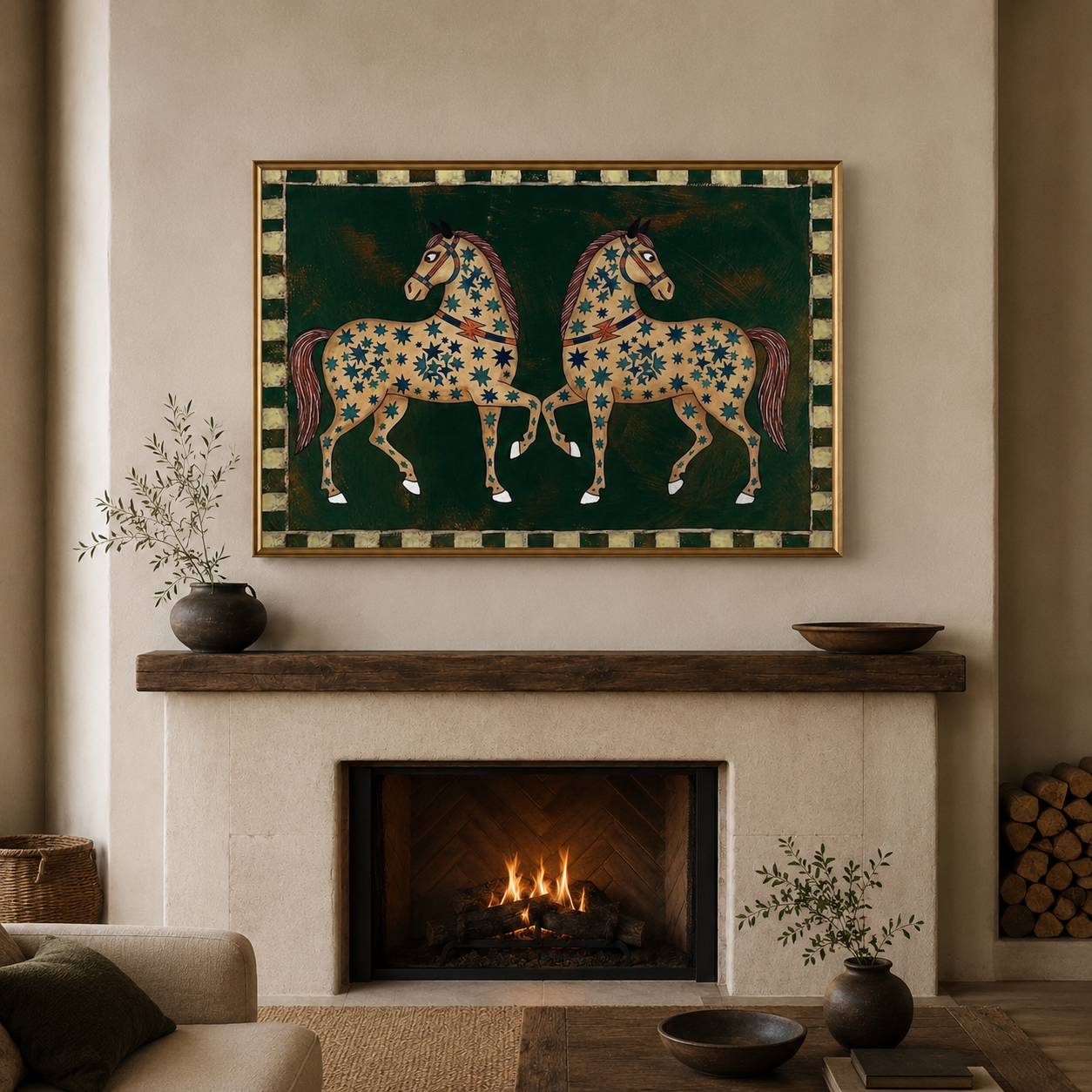 Exquisite Two Horses Painting With Star Patterns On Olive Green Background Original Folk Art
