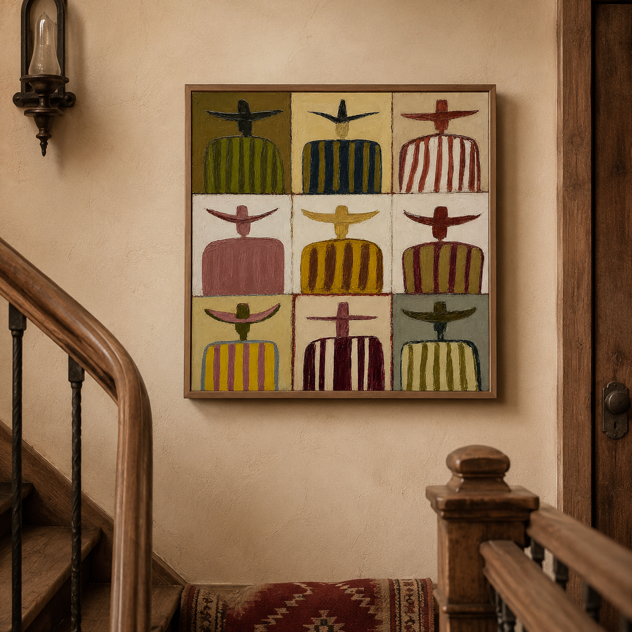 Sombrero Family Portrait Painting In Earthy Tones For Rustic Living Room Decor