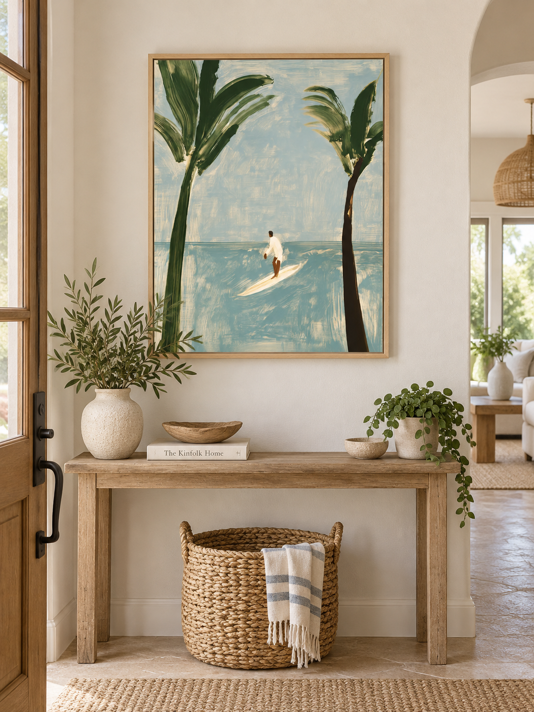 Surfer And Palm Trees Canvas Painting Modern Blue Beach Wall Art