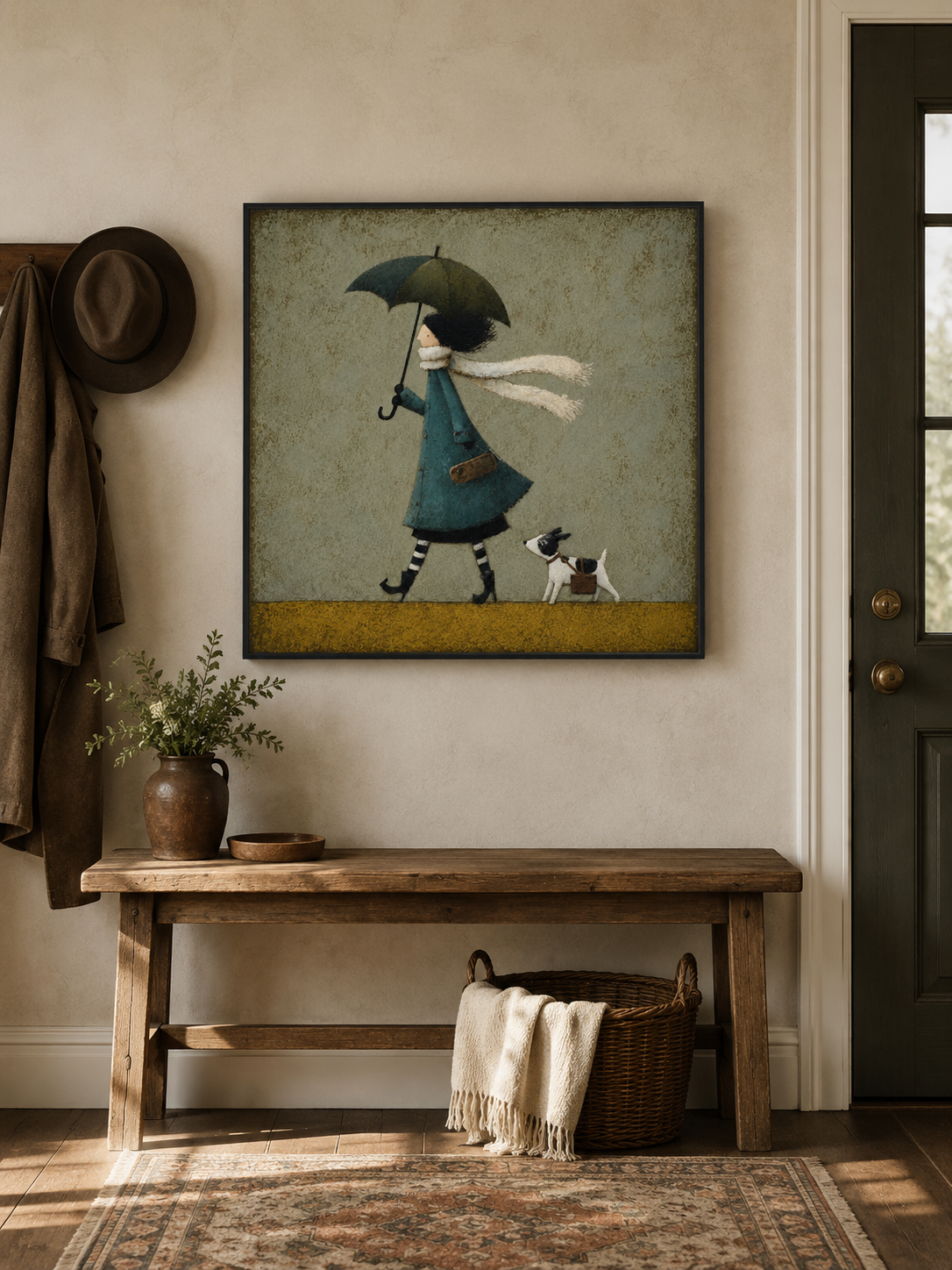 Whimsical Girl With Dog Umbrella Painting Textured Teal Green Wall Art For Nursery
