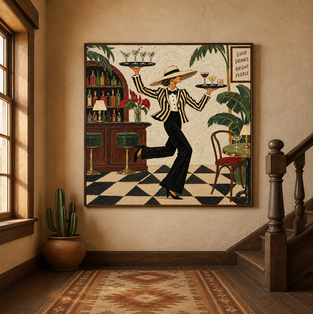 Vintage Waitress Canvas Painting With Cocktails And Tropical Bar Scene