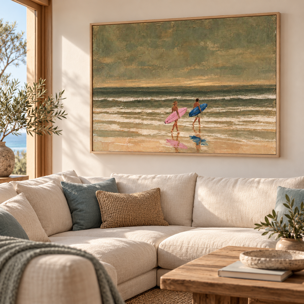 Couples Surfing Canvas Art, Pink And Blue Surfboard Beach Decor, Vintage Coastal Ocean Painting