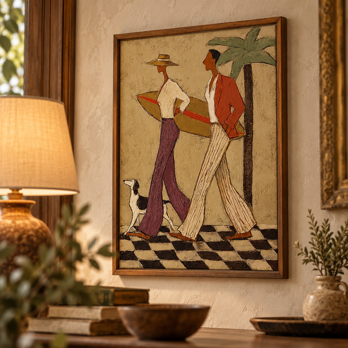 Retro Coastal Couple With Surfboard Canvas Art, Checkered Floor Palm Tree Wall Decor, Vintage Surfing Dog Painting