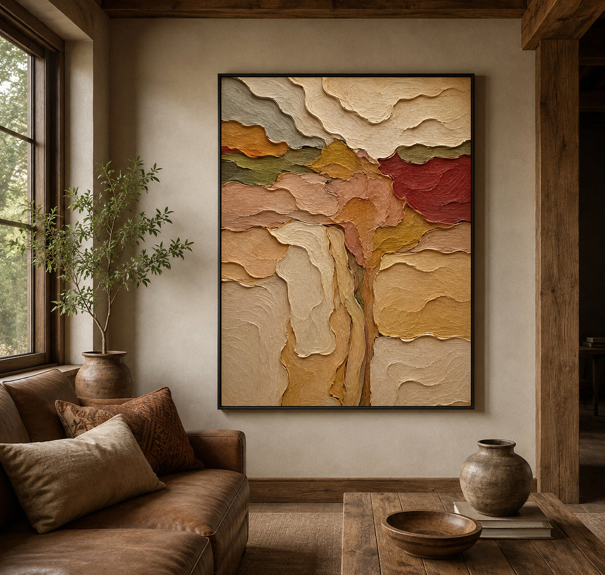 Abstract Desert Landscape Canvas Painting With Earthy Tones And Textured Surface