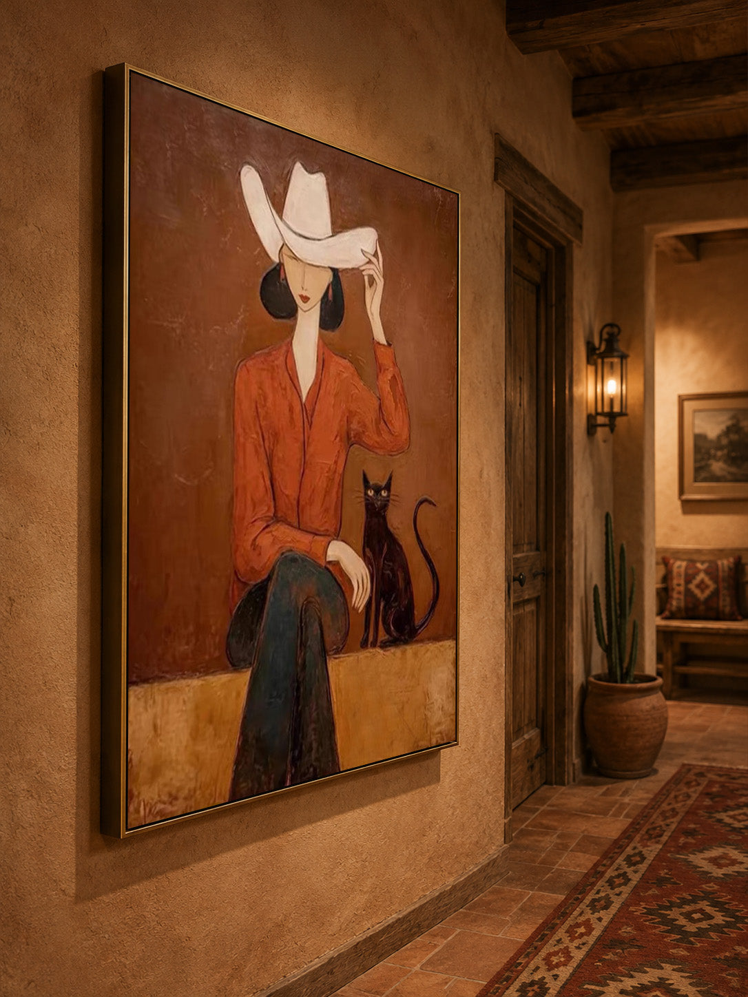 Modern Western Woman Oil Painting With Black Cat In Earthy Tones For Living Room Decor