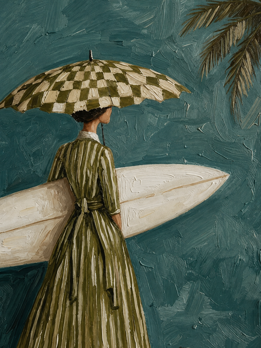 Vintage Surf Girl Oil Painting With Dog Textured Beach Wall Art For Living Room Decor