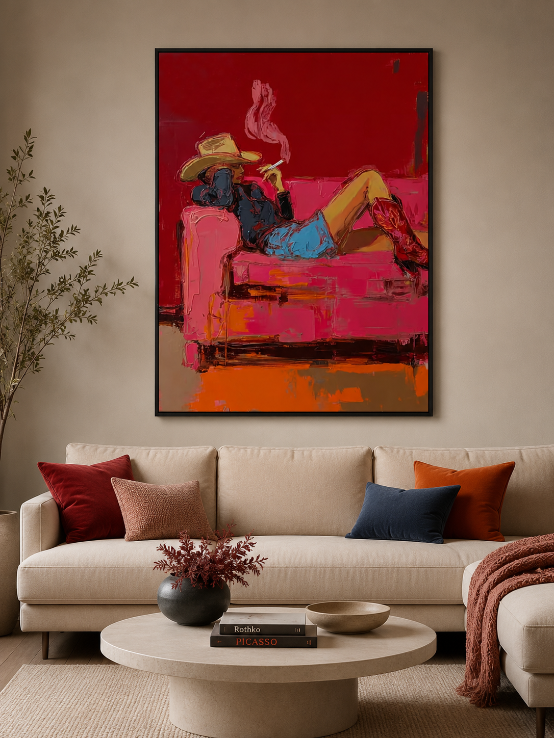 Modern Western Art Painting Of Cowgirl Smoking In Red For Living Room Decor