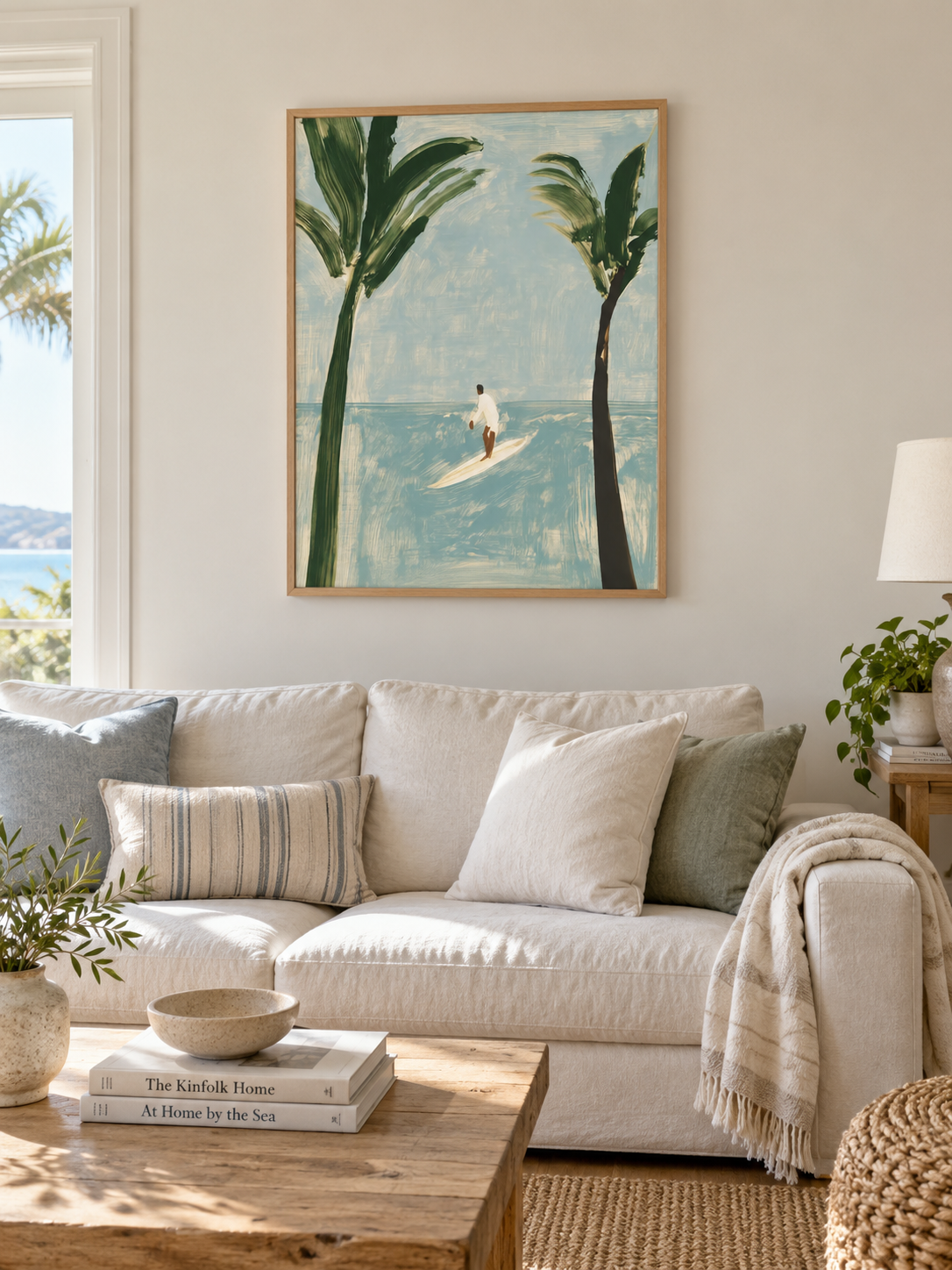 Surfer And Palm Trees Canvas Painting Modern Blue Beach Wall Art