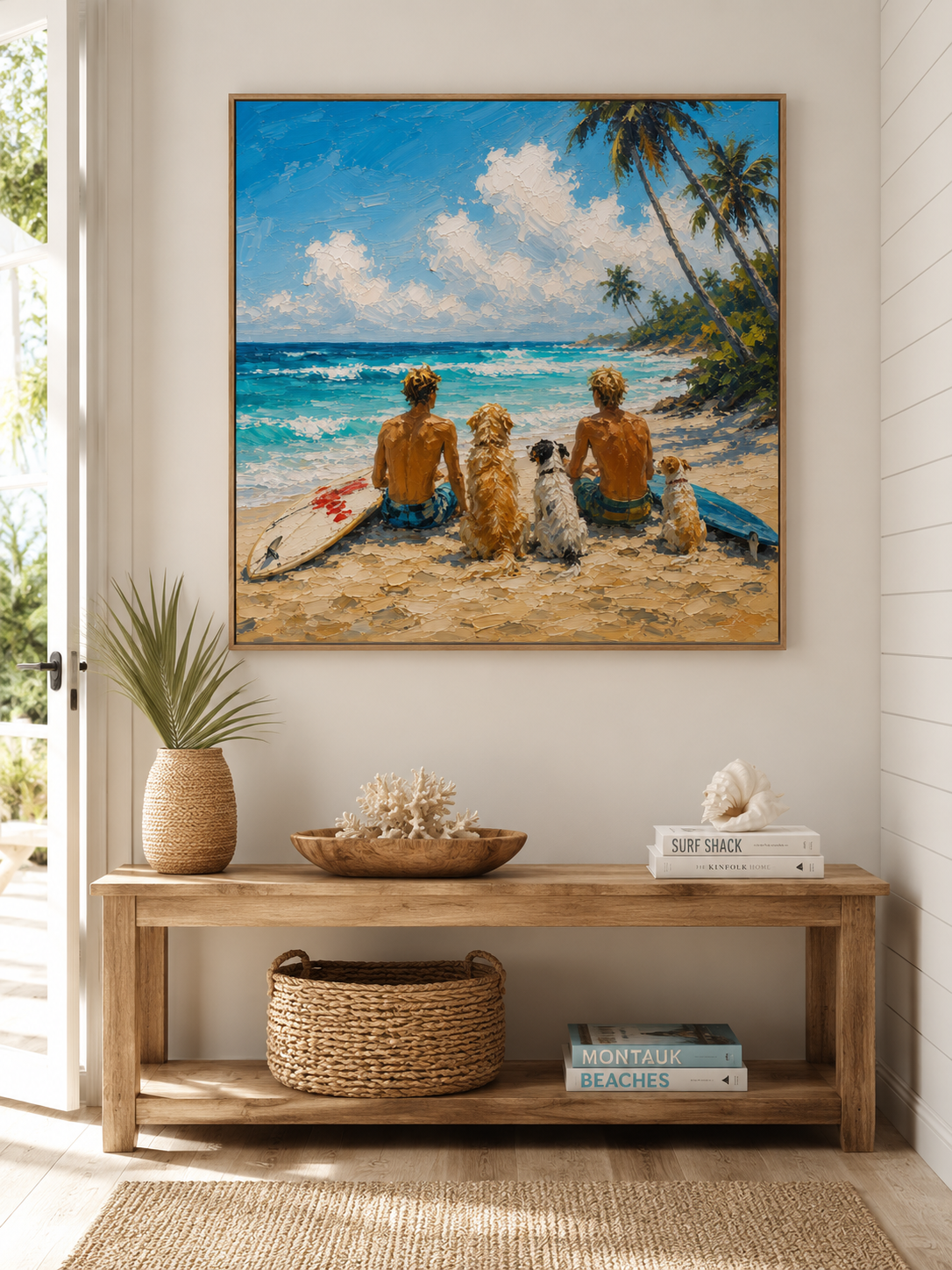 Modern Textured Beach Art Summer Beach Surfing Oil Painting With Dogs For Modern Home Decor