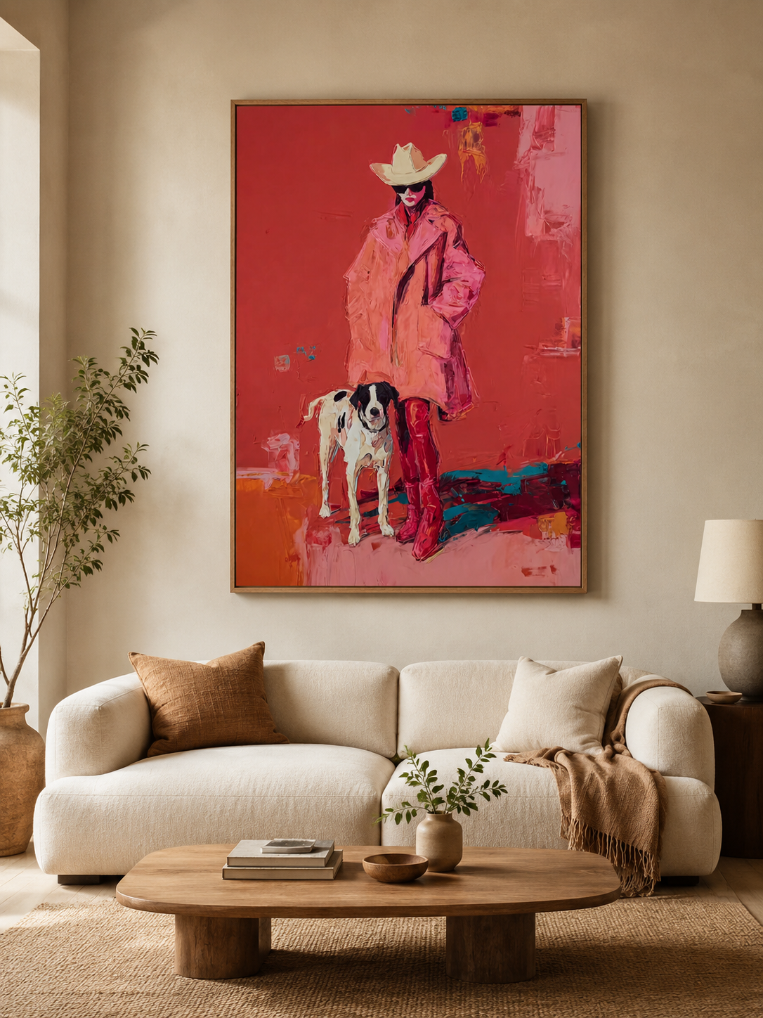 Bold Pop Art Canvas Featuring Stylish Woman With Spotted Dog In Vibrant Red Colors