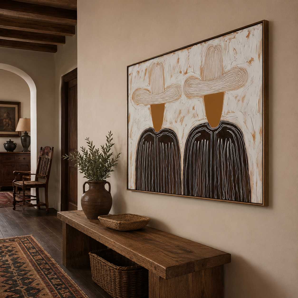 Minimalist Figurative Oil Painting With Textured Earth Tones For Modern Living Room Decor