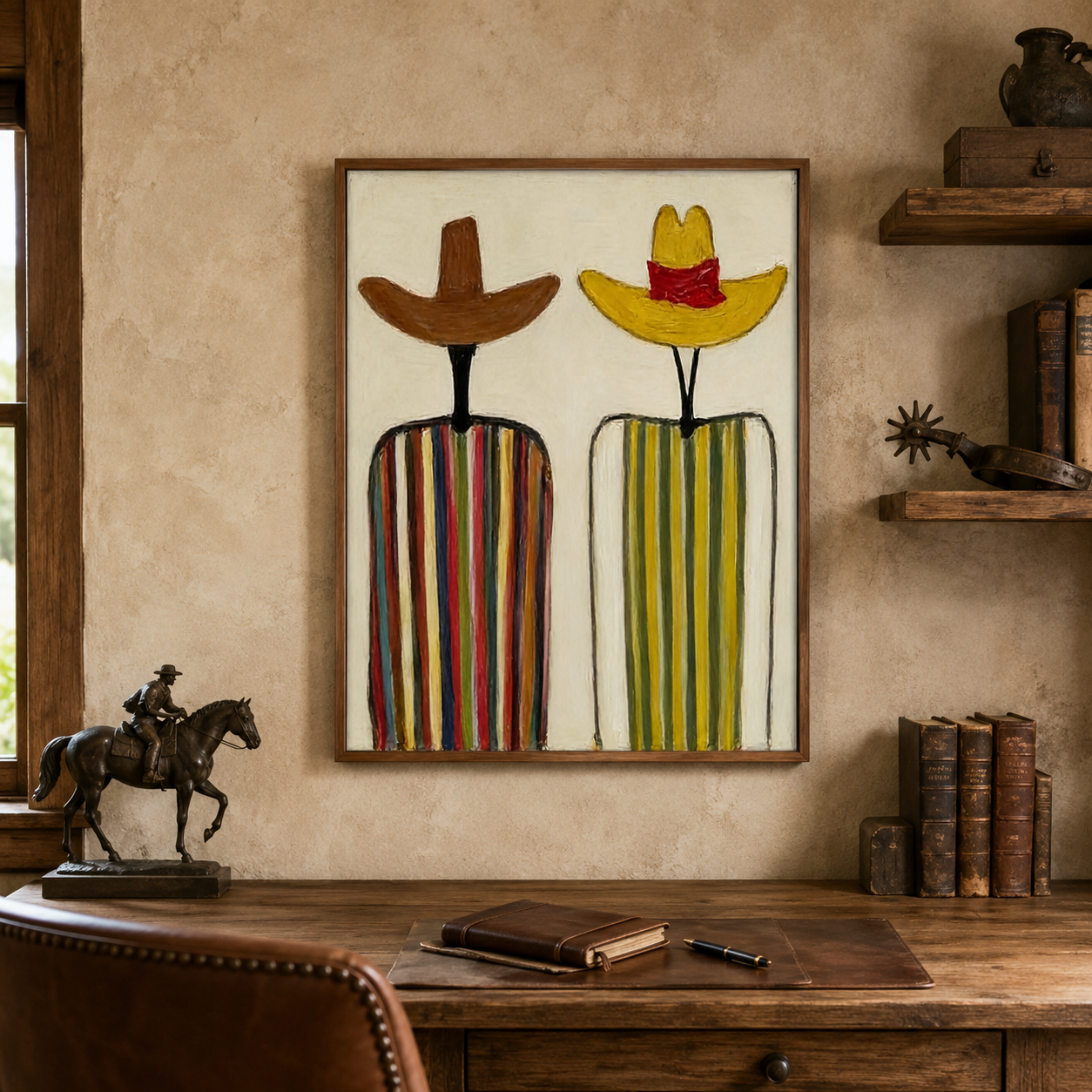 Abstract Figurative Oil Painting With Rustic Hats And Vibrant Colors For Hallway