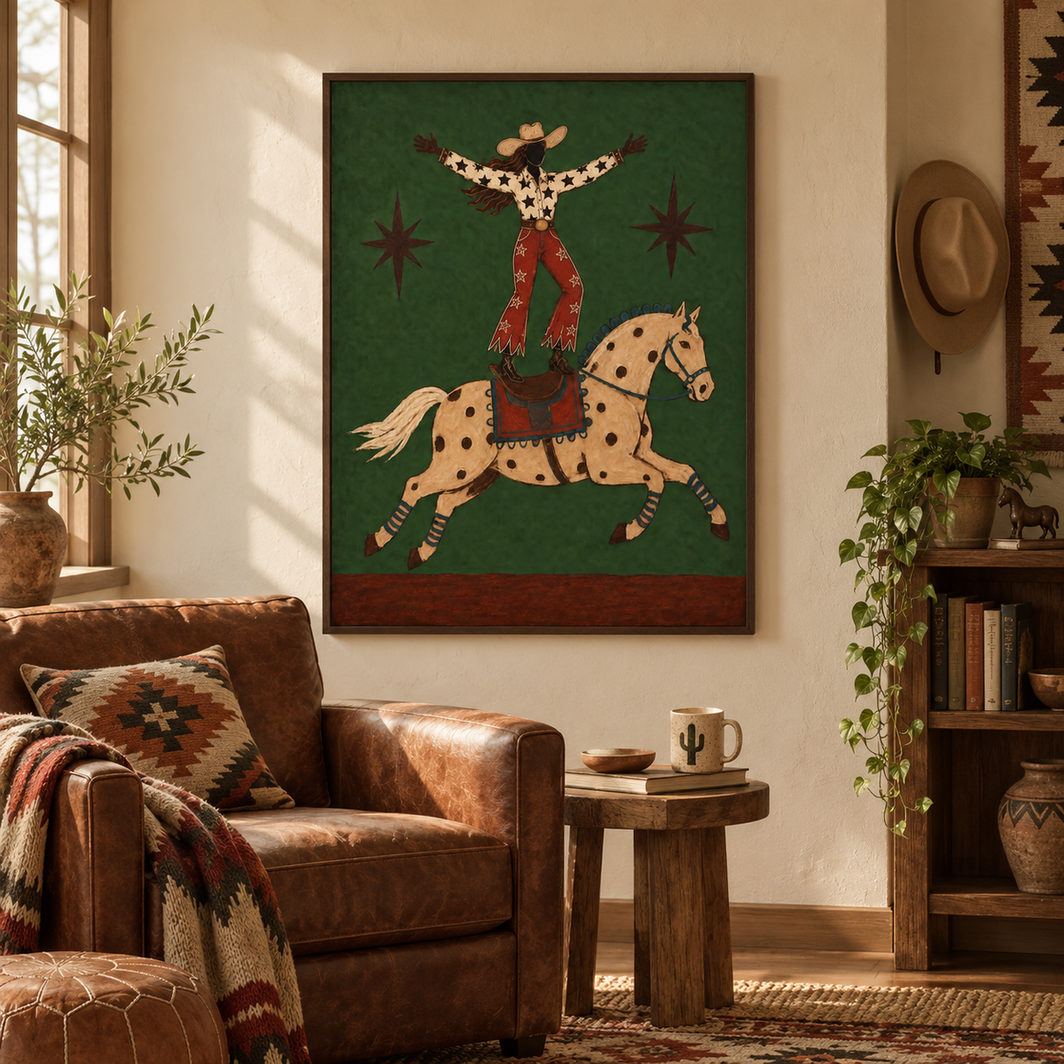Western Wall Art For Living Room Green Horse Painting Handmade Cowboy Decor