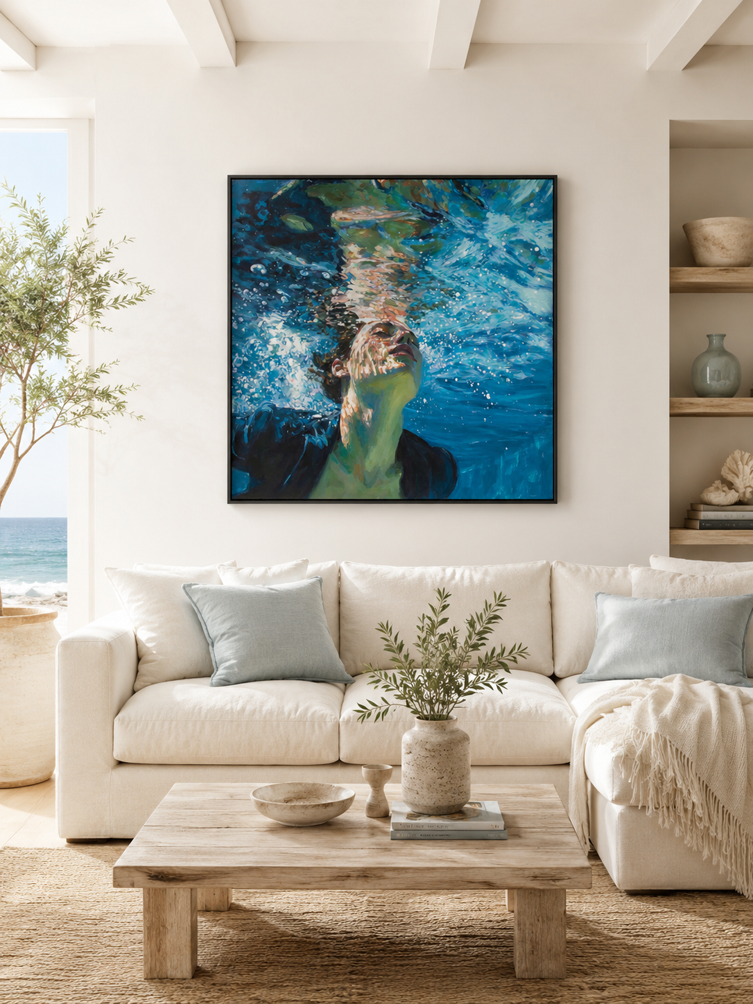 Modern Underwater Figure Painting With Bubbles And Blue Waves For Living Room Decor