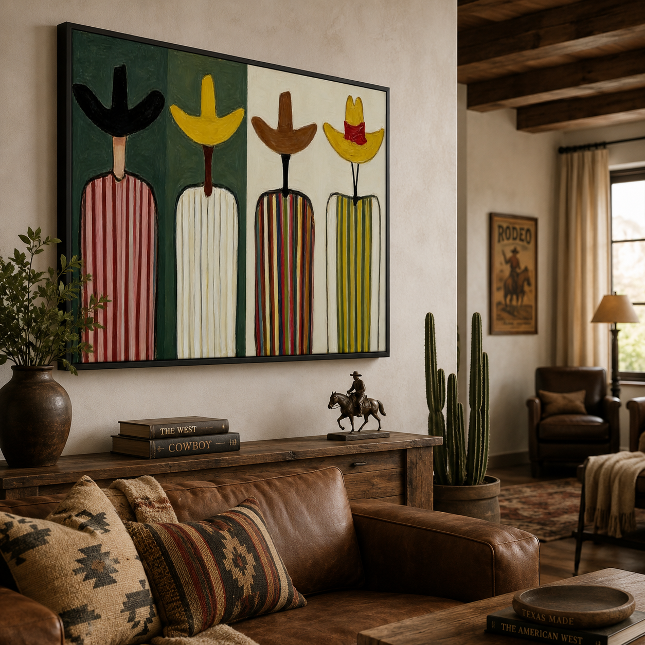 Retro Folk Art Painting Abstract Figures In Striped Hats For Modern Home Decor