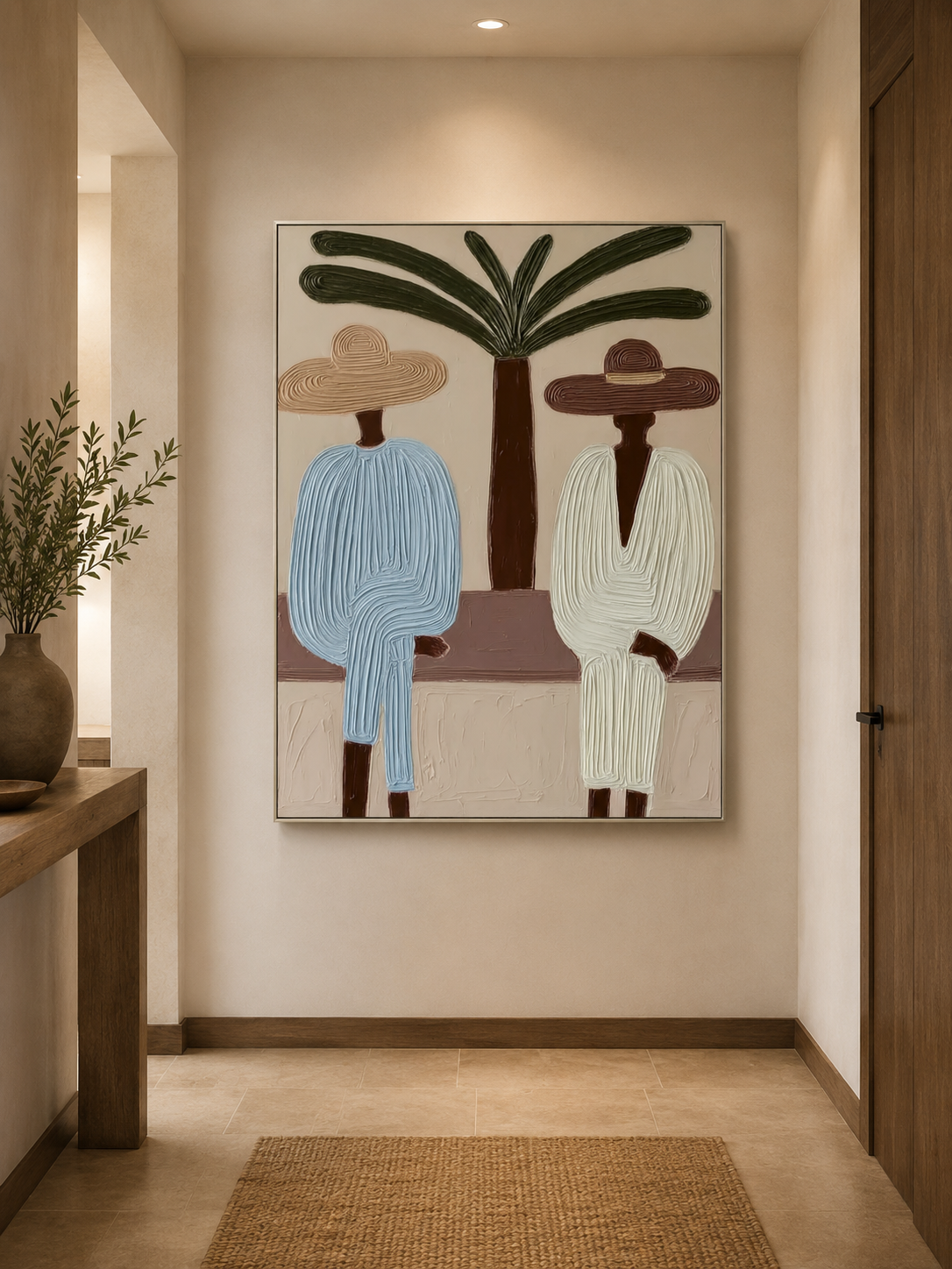 Abstract Mediterranean Figure Painting With Palm Tree Textured Oil Art For Coastal Home