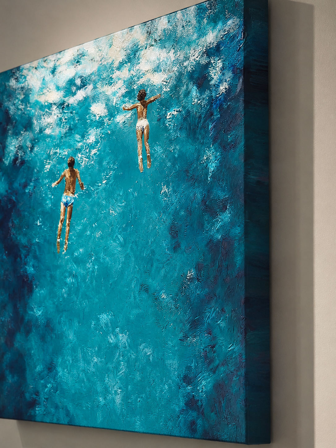 Hand Painted Ocean Oil Painting With Swimmers In Blue Water For Coastal Home Decor