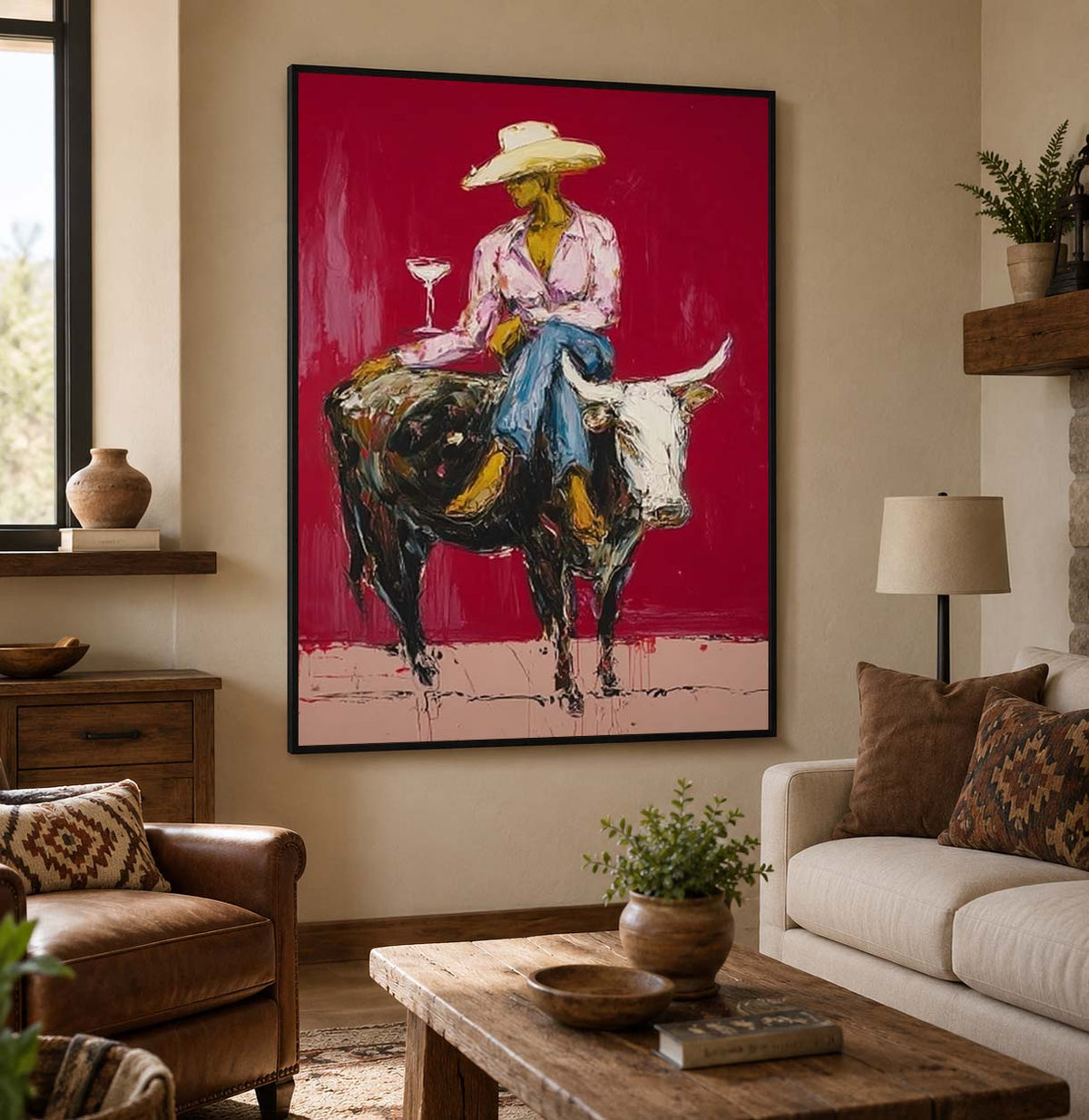 Cowgirl Wall Decor Cowgirl On Longhorn Hand-Painted Oil Painting In Deep Red | Western Wall Art