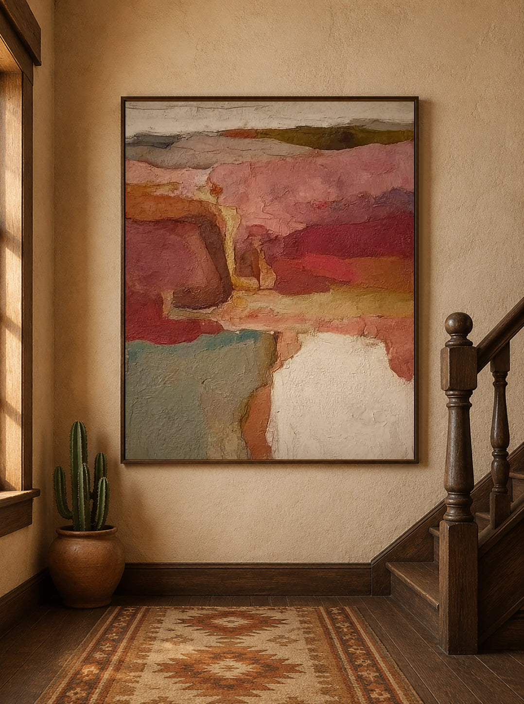 Abstract Burgundy And Sage Green Canvas Painting Hand-Painted Original Art For Modern Walls