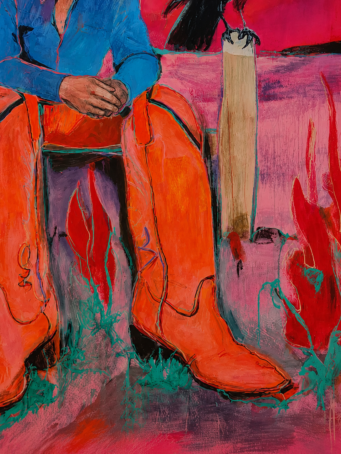 Modern Cowboy Painting With Raven For Living Room Wall Decor Original Art