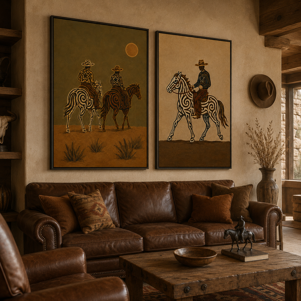 Vintage Sunset Desert Western Wall Art Set Of 2, Cowboy Riding Canvas Painting, Earth Tone Rustic Home Decor