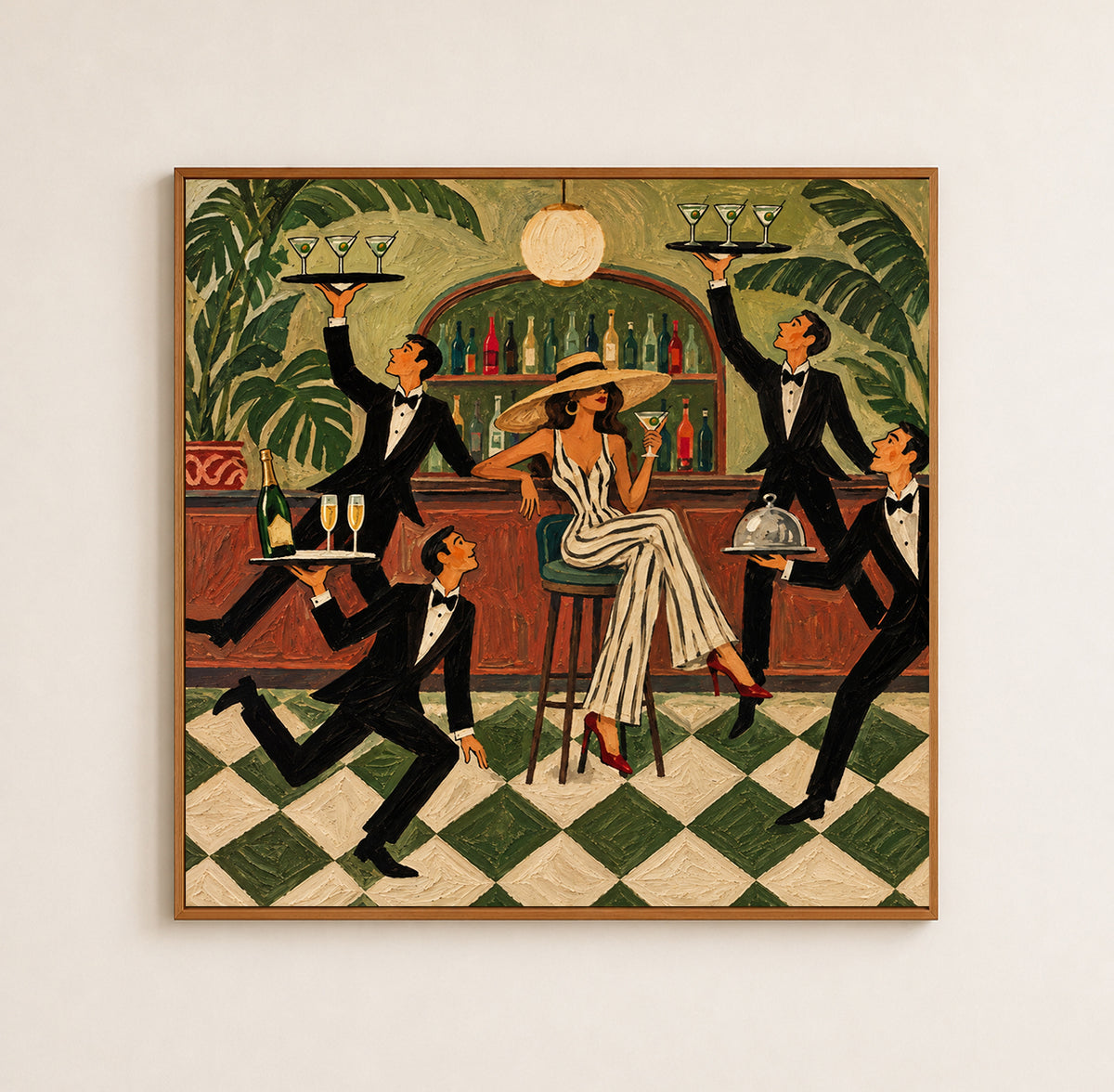 Vintage Cocktail Lounge Art With Lady And Waiters In Green Bar Scene Canvas Painting