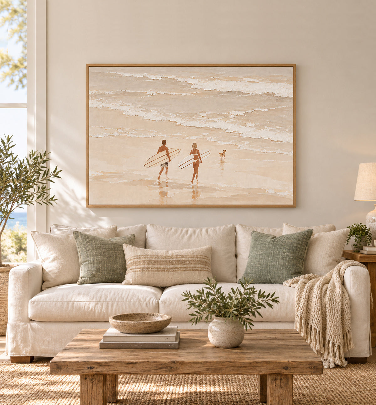 Neutral Cream Beach Canvas Art, Couple And Dog Surfing Wall Decor Surfboard Painting
