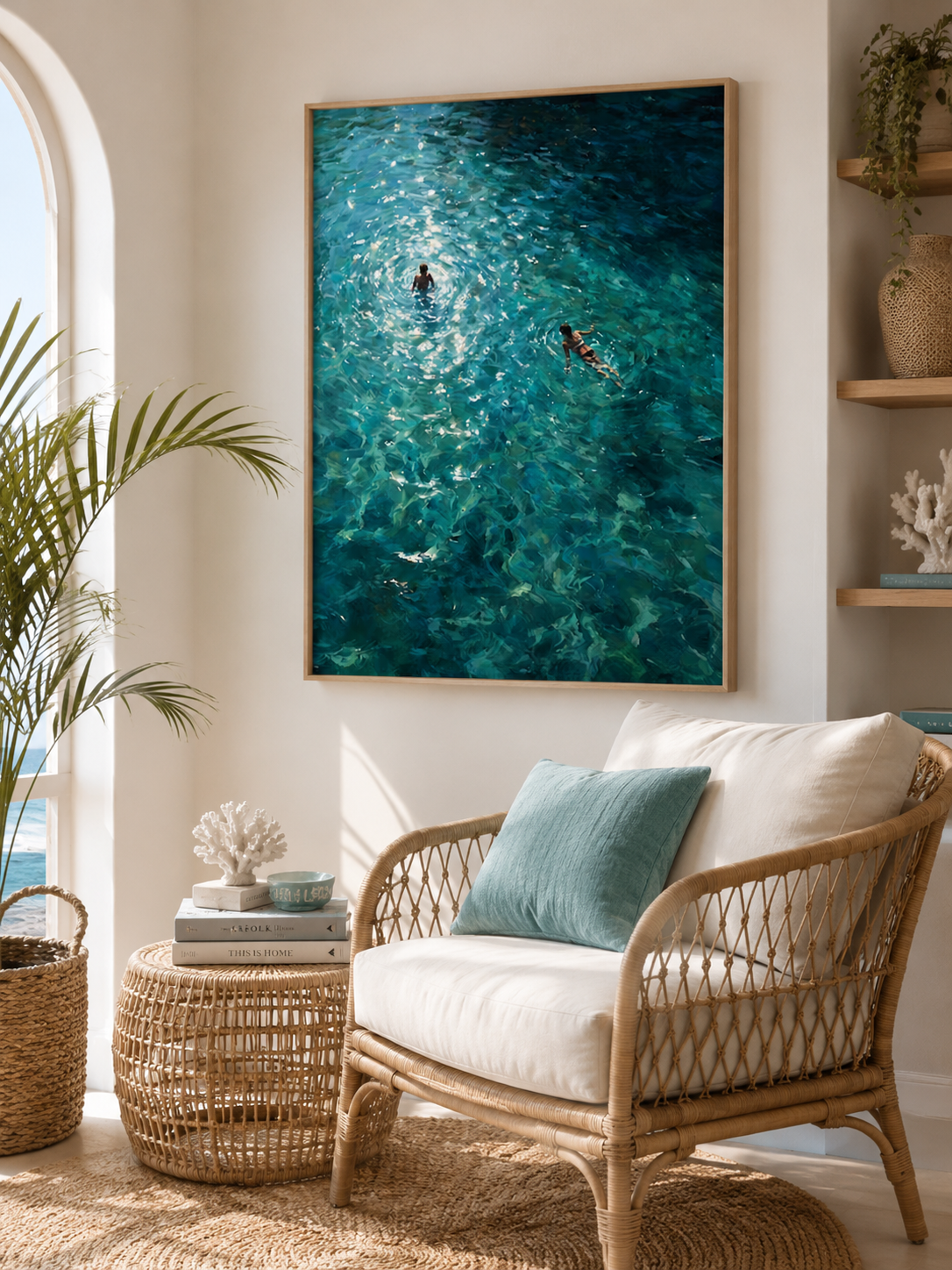 Turquoise Swimming Couple Painting For Summer Beach House Wall Decor Original Oil Art