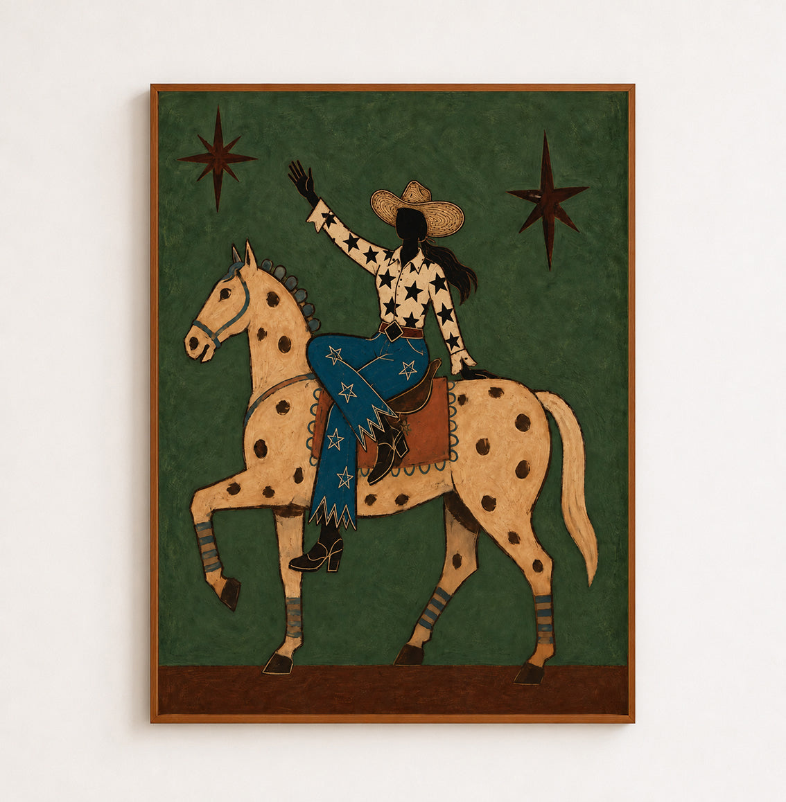 Cowgirl And Horse Canvas Painting With Star Pattern In Green