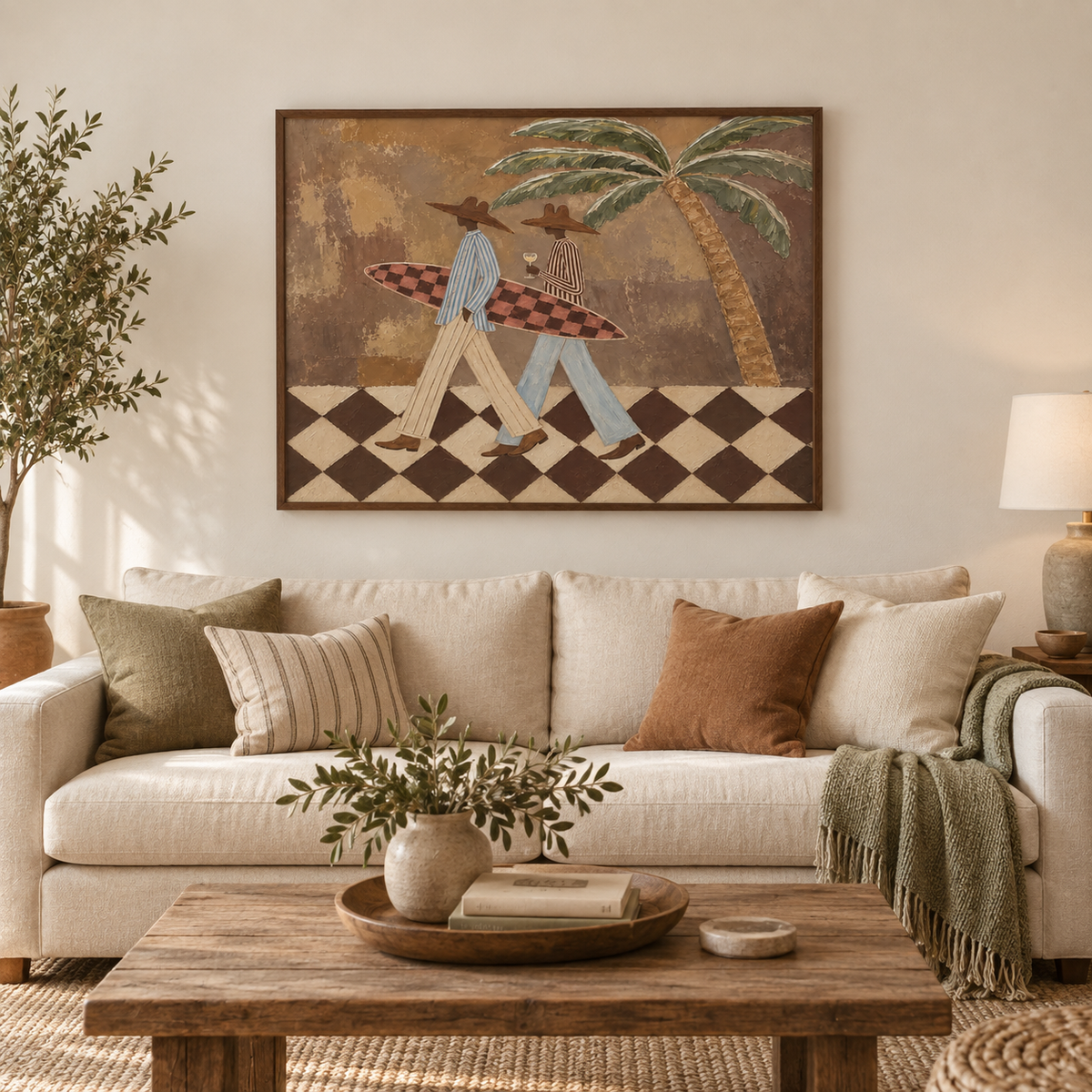 Vintage Cowboy Surf Art Hand-Painted Canvas With Palm Tree And Checkered Board