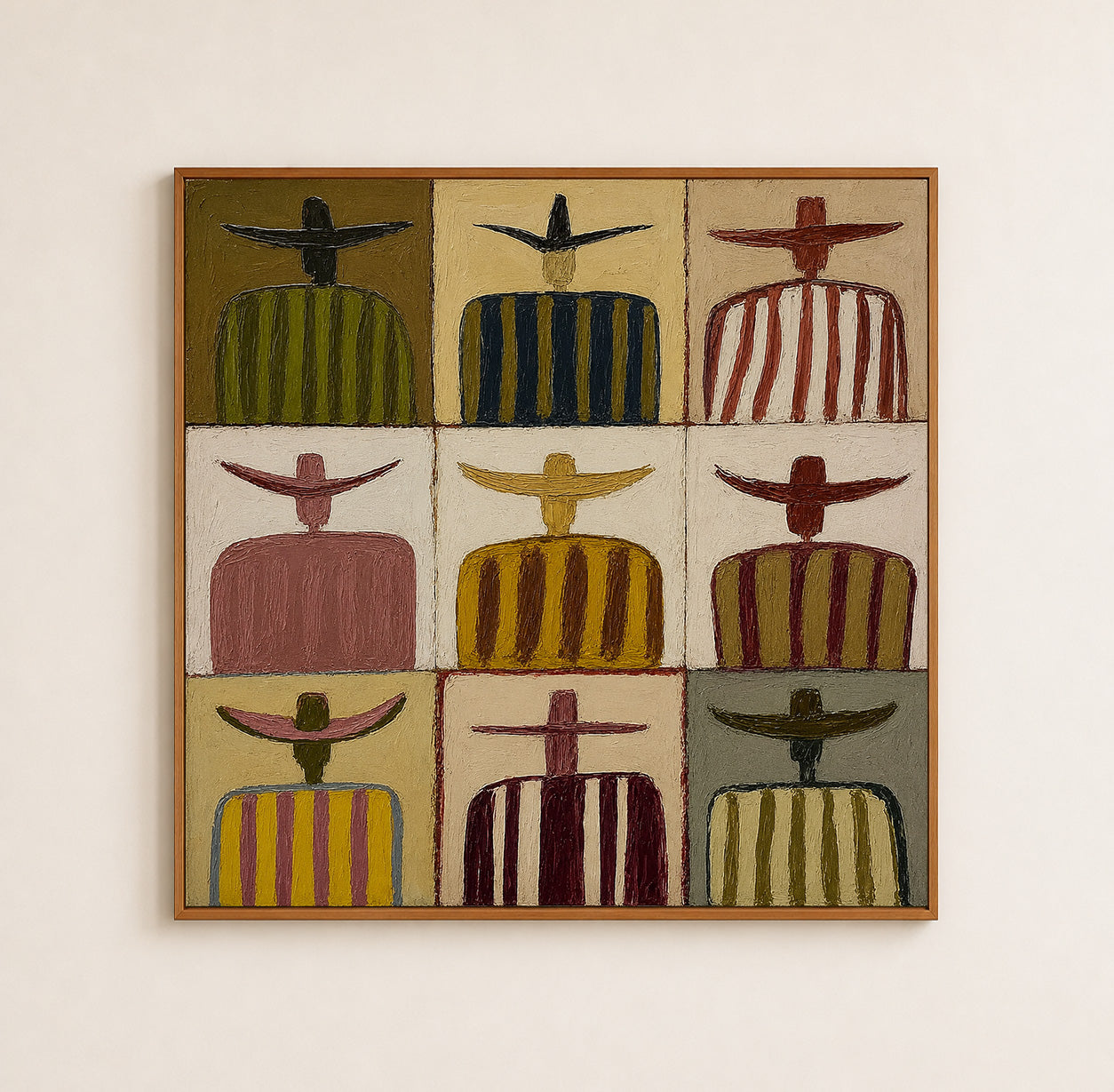 Sombrero Family Portrait Painting In Earthy Tones For Rustic Living Room Decor