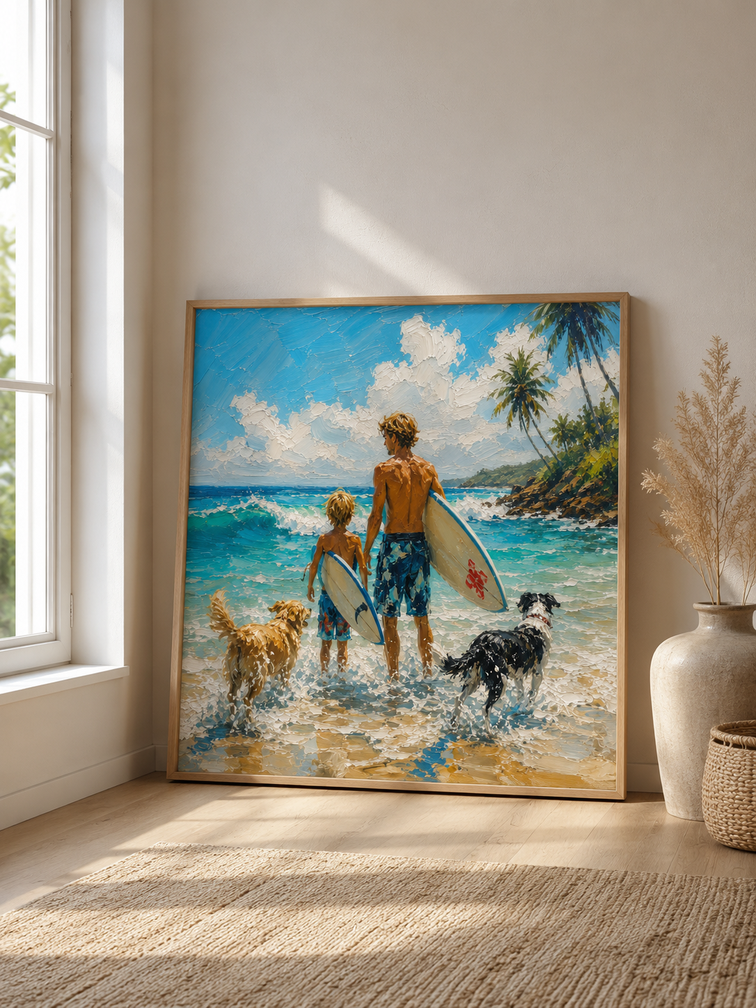 Coastal Vacation Wall Art Father Son Surfing Oil Painting With Dogs For Beach House Decor