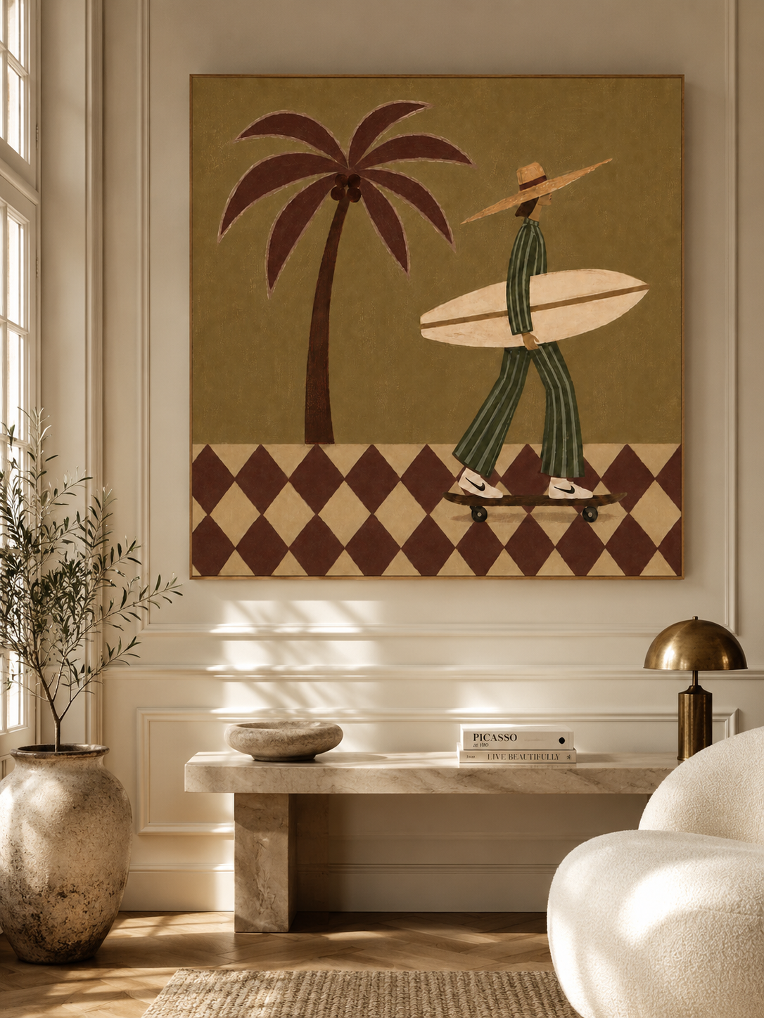 Vintage Surfer Girl Painting With Palm Tree And Checkerboard Pattern For Modern Home Decor