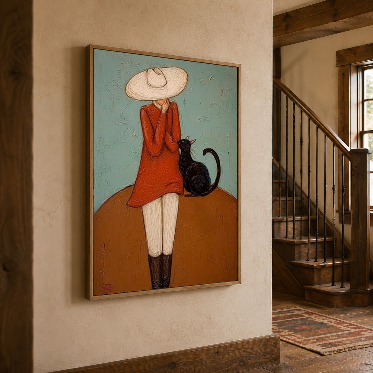 Vintage Lady With Black Cat Painting Textured Wabi Sabi Wall Art For Living Room Decor