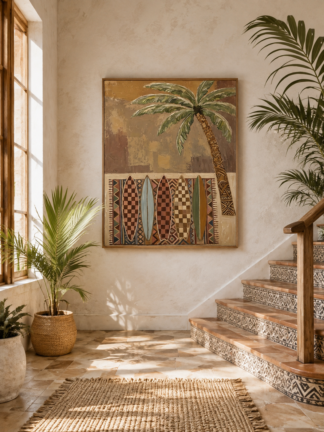 Bohemian Surfboard Painting With Palm Tree For Beach House Living Room Wall Art