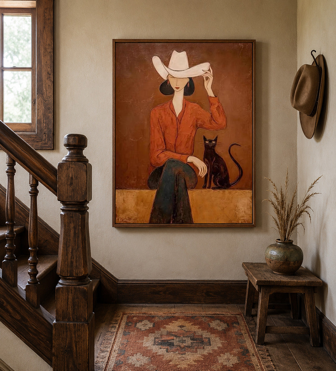 Modern Western Woman Oil Painting With Black Cat In Earthy Tones For Living Room Decor