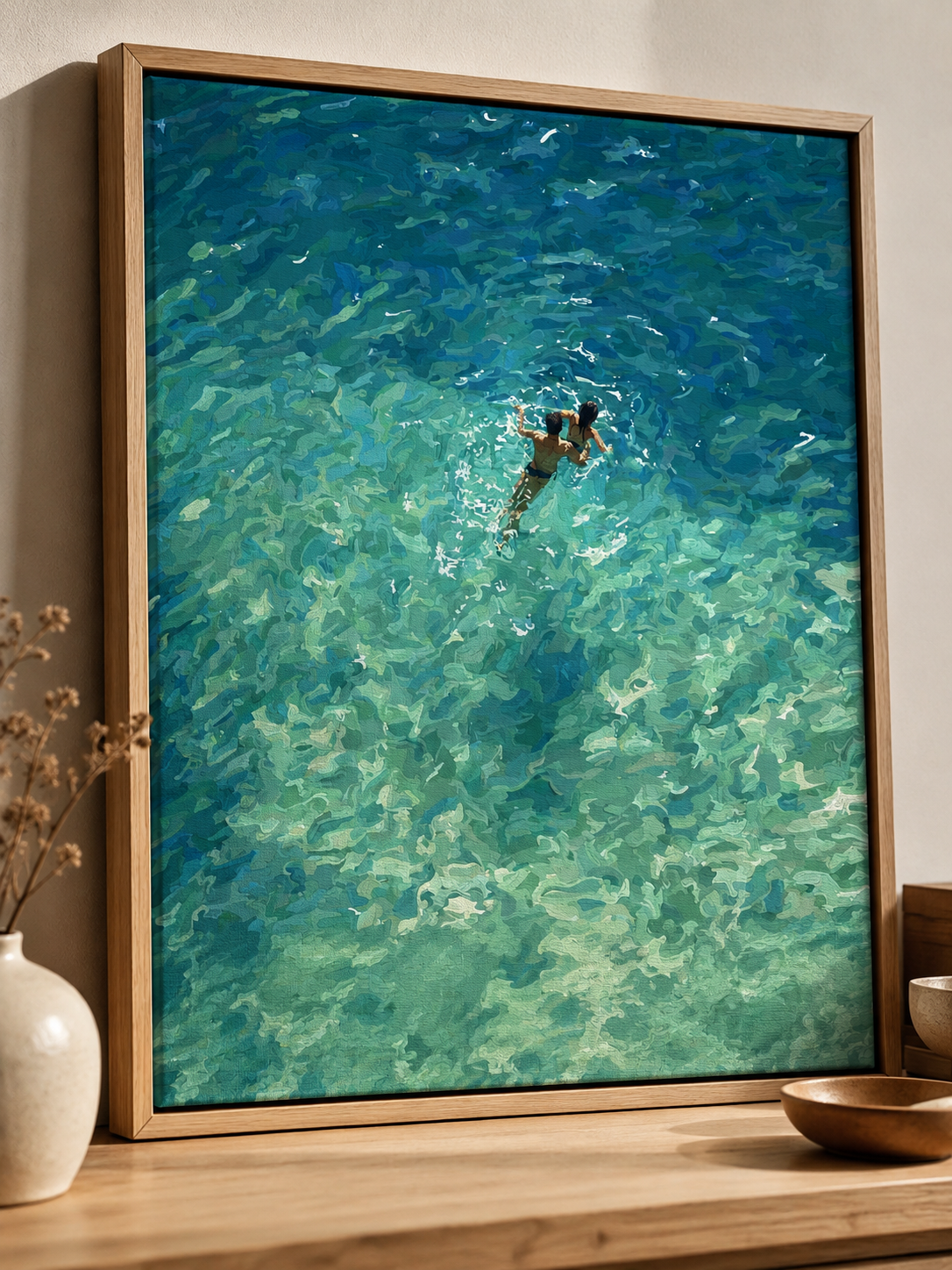 Couple Swimming In Clear Sea Oil Painting Modern Beach Wall Art For Living Room Decor